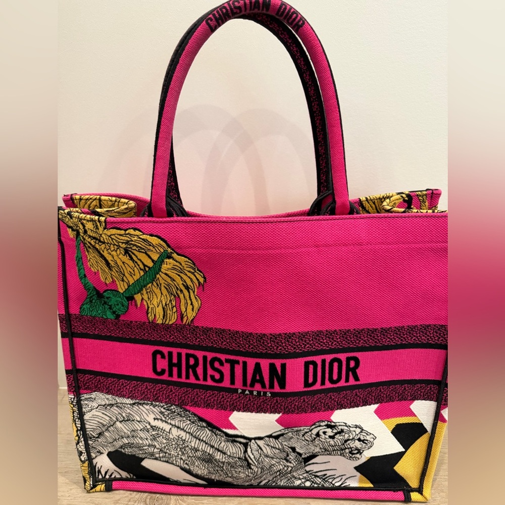 Christian Dior Jungle Pop Canvas Book Tote in Pink with Yellow & Green Accents